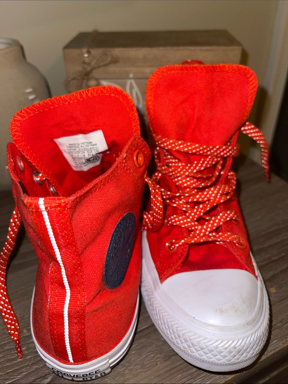 Converse Red High-Top Canvas Sneakers with White Toe & white trim. ( worn once )